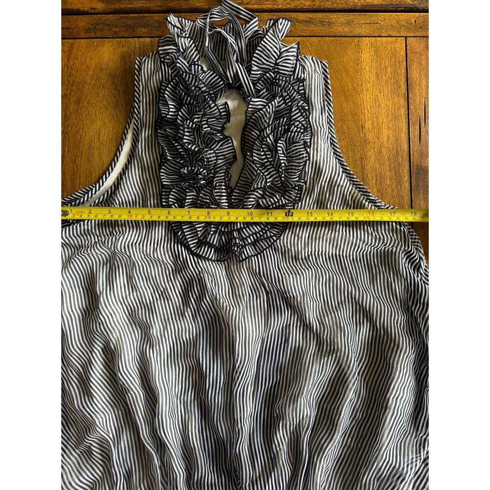Begum Sheer Ruffle Tie Neck Blouse Black White Striped Romantic Coquette Top - Picture 6 of 9